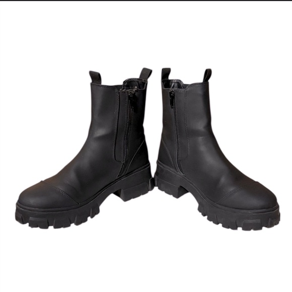 Faux Black Leather Chunky Ankle Boots - Picture 5 of 7